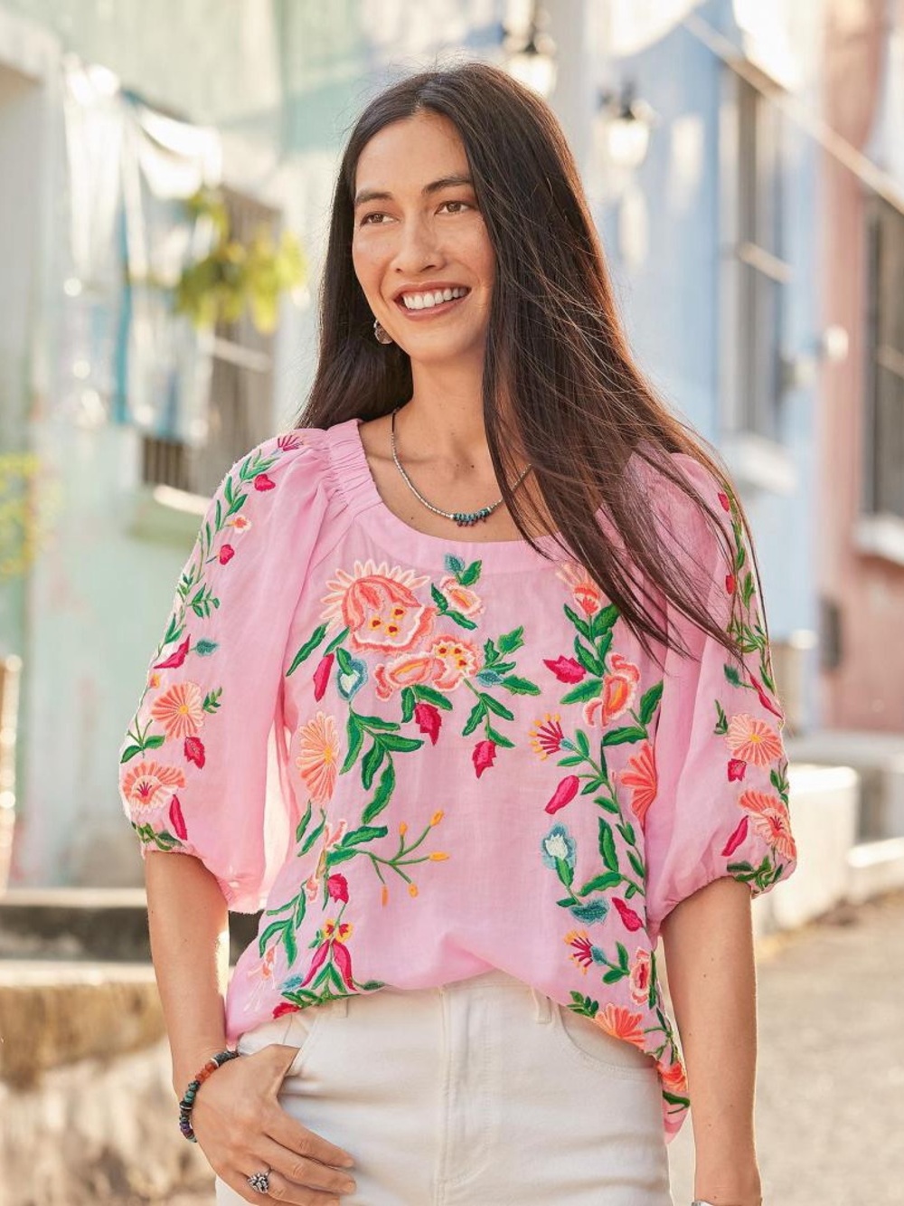 Sundance Floral Embroidered Pink Floral Embroidered Puff-Sleeve Top Blouse L